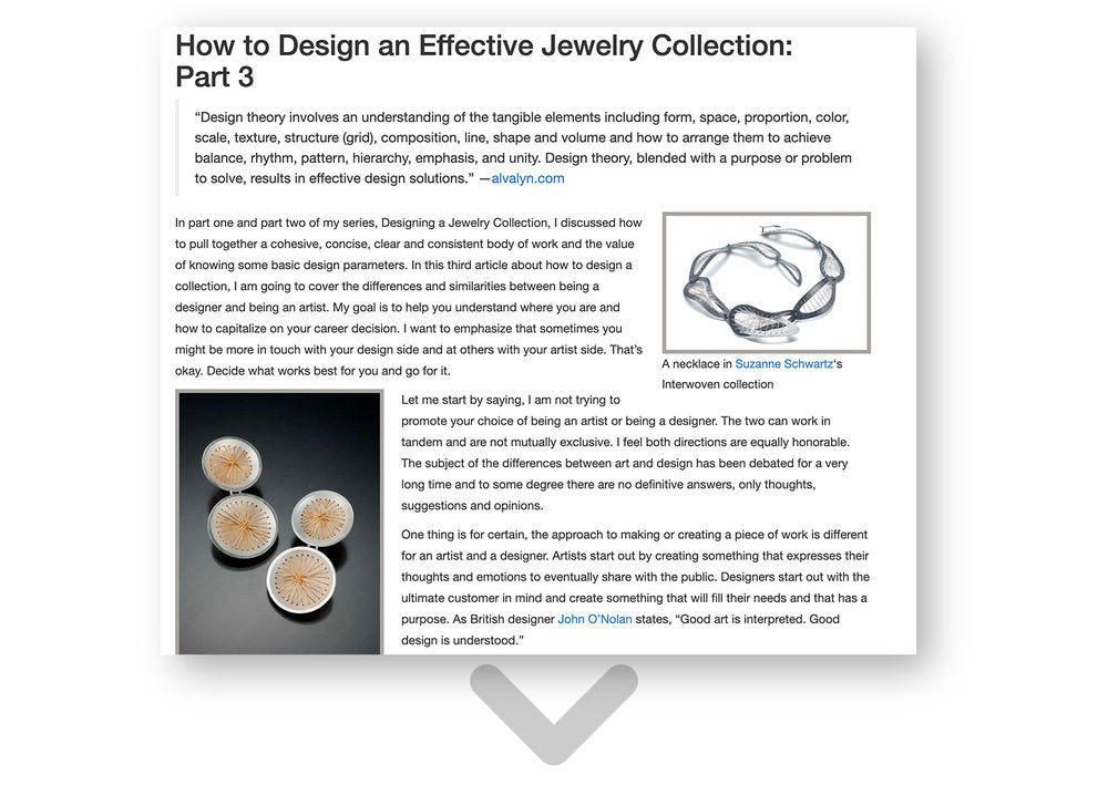 Rio Grande design series article featuring a Suzanne Schwartz Interwoven necklace and stitched circle earrings
