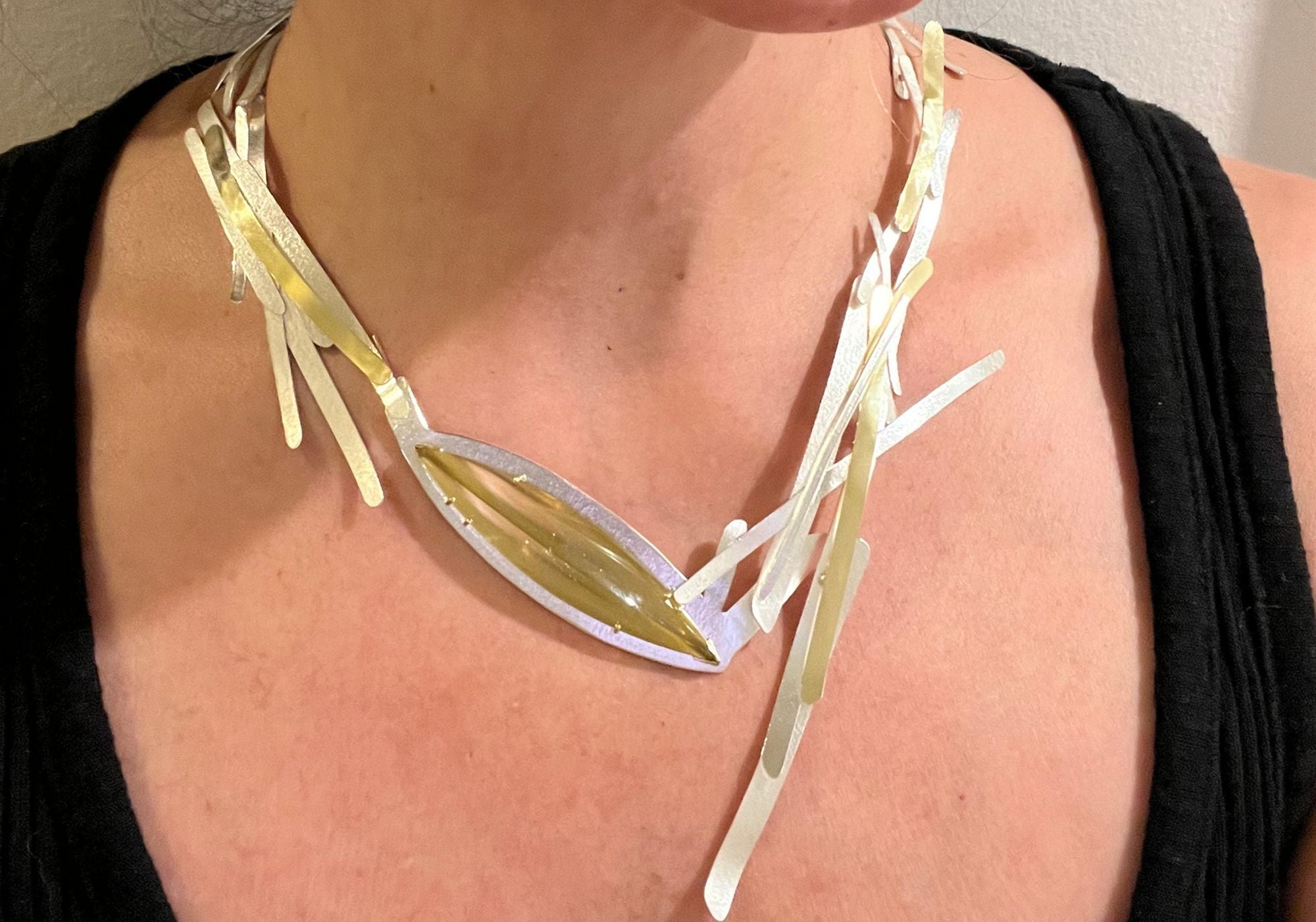 Suzanne Schwartz New Arrivals — dramatic 22k gold layered fringe collar necklace, handmade wearable sculpture