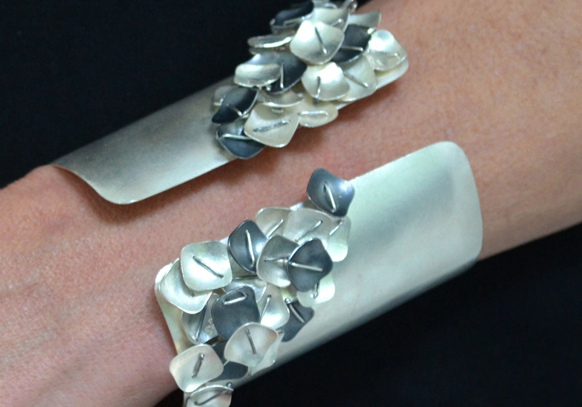Suzanne Schwartz Bracelets and Rings — handmade silver flower petal cluster cuff bracelet