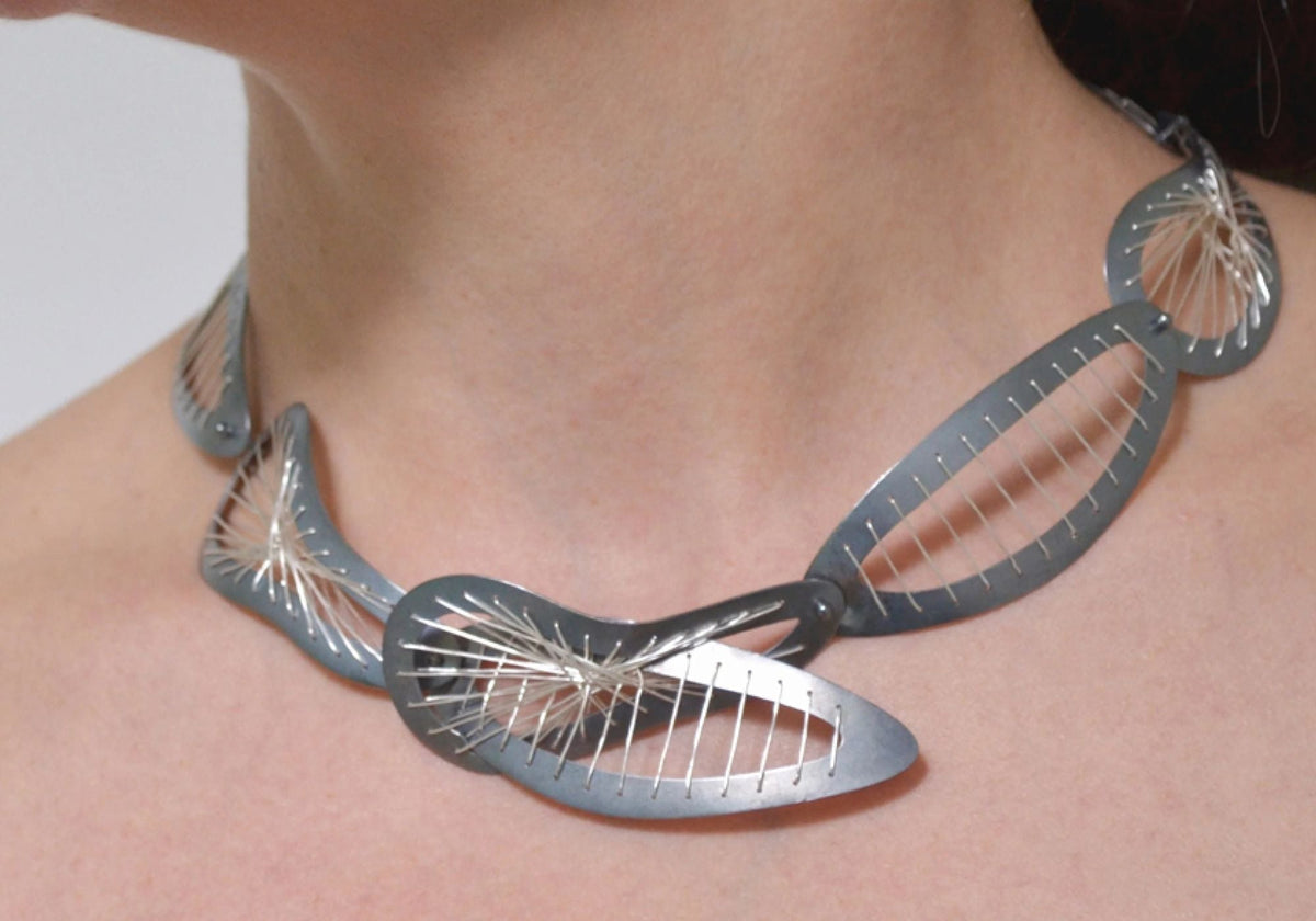 Suzanne Schwartz Favorites — handmade oxidized Argentium silver stitched oval link chain necklace, worn close-up