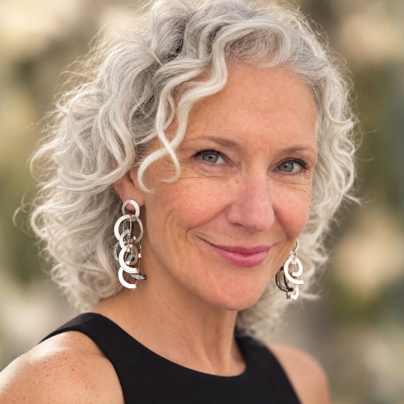 Woman with silver curly hair wearing long sculptural Argentium silver earrings with bright and oxidized overlapping loops.