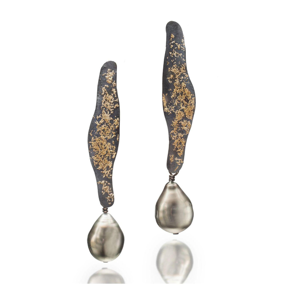 Feng Shui Tahitian Pearl Earrings with Fused 22k Gold