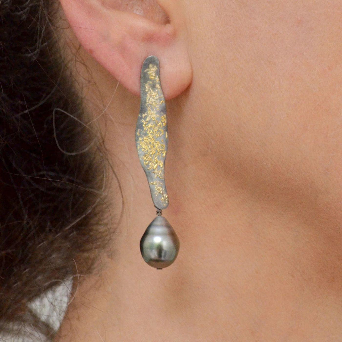 Feng Shui Tahitian Pearl Earrings with Fused 22k Gold