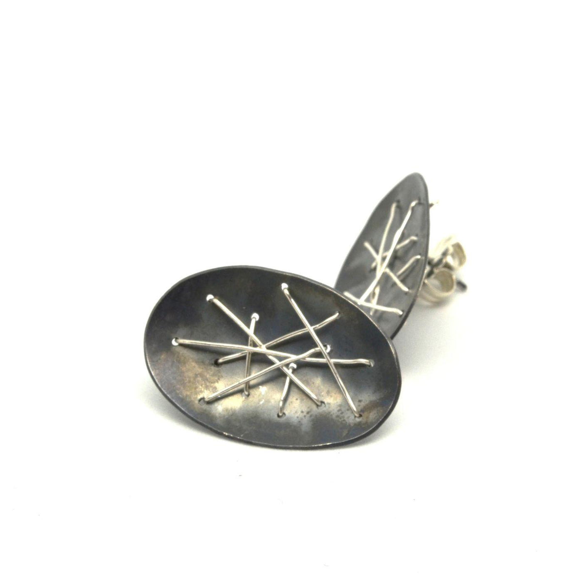 Freeform Oval Stitched Silver Earrings