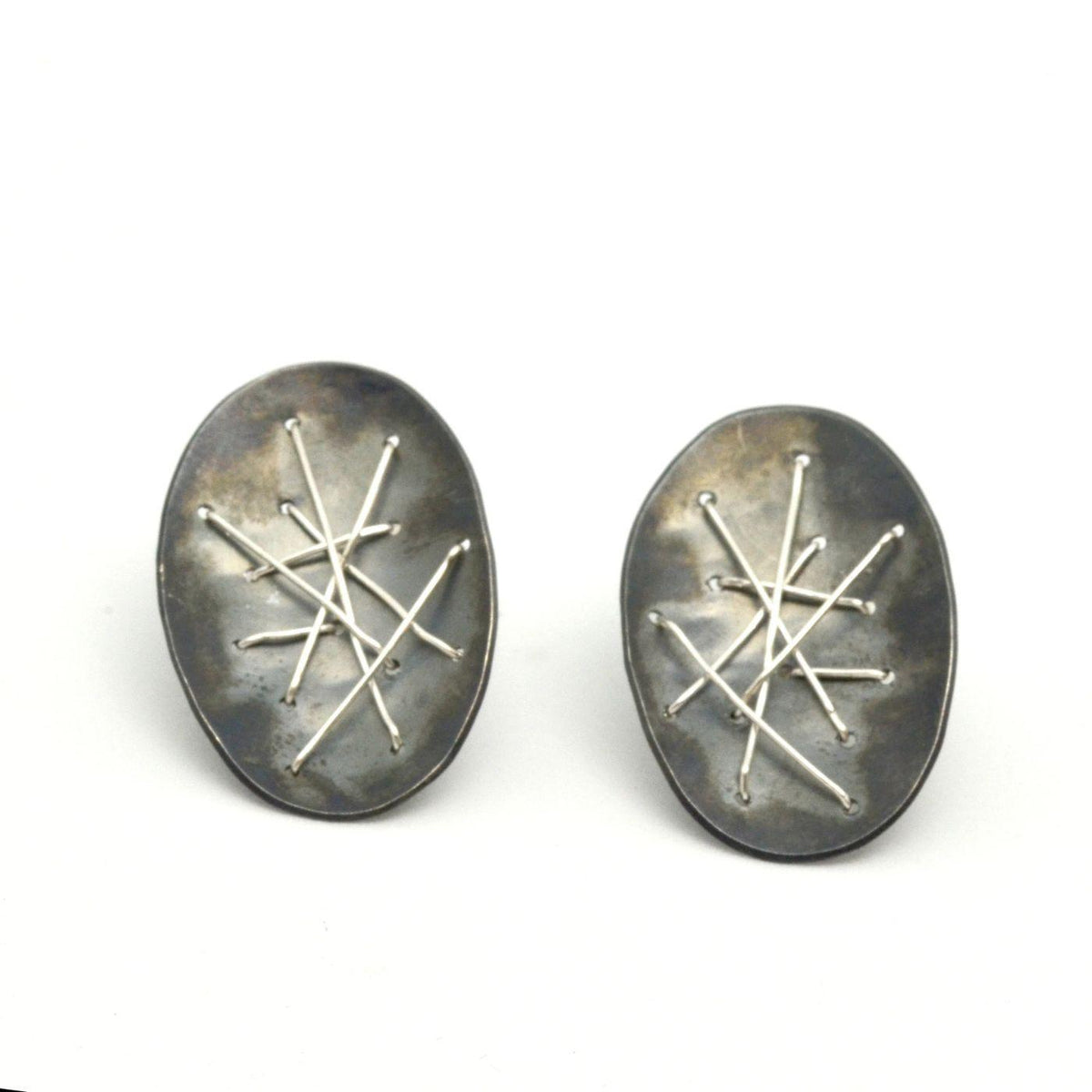 Freeform Oval Stitched Silver Earrings