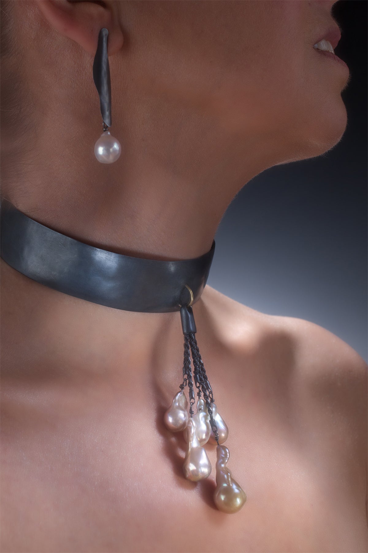 Model wearing Suzanne Schwartz Pearl Choker